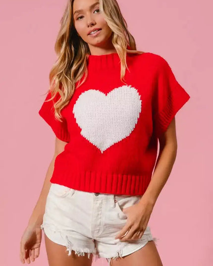 BiBi Rib Banded Heart Pattern Valentines Sweater - Sleekdenim.com