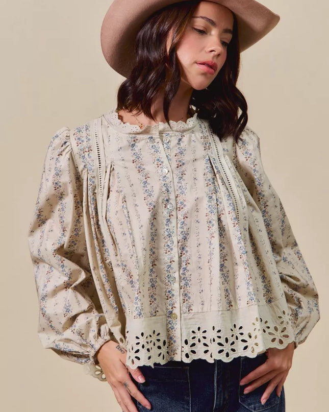 SO ME Floral Print Lace Button Down Shirt - Sleekdenim.com