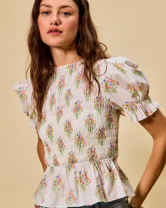 SO ME Floral Cotton Smocked Short Sleeves Blouse - Sleekdenim.com