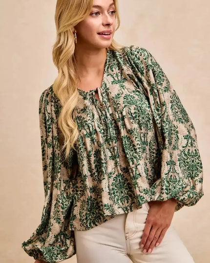 BiBi Printed Woven Front Tied Blouse with Baloon Sleeve - Sleekdenim.com