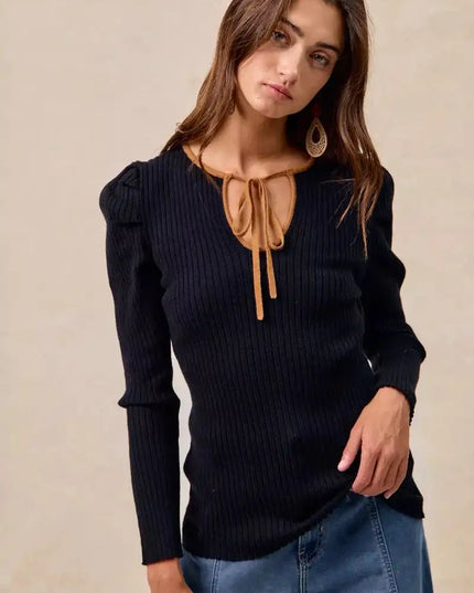 BiBi Ribbed Contrast Front Tied Top with Shrried - Sleekdenim.com