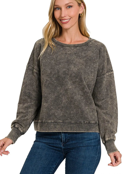Zenana French Terry Acid Wash Boat Neck Sweatshirt - Sleekdenim.com