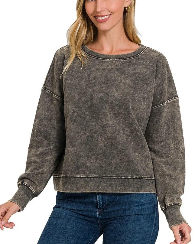 Zenana French Terry Acid Wash Boat Neck Sweatshirt - Sleekdenim.com