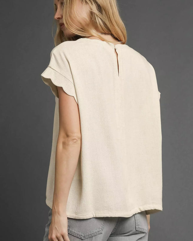 Umgee Linen Scalloped Round Neck Top - Sleekdenim.com