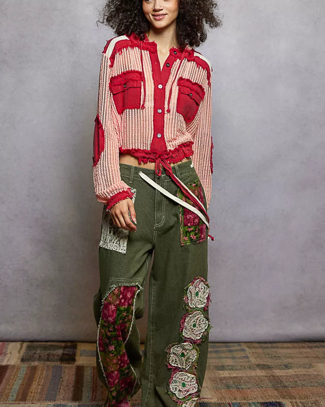 POL Texture Woven Button Down Hooded Shirt with Drawstring Hem - Sleekdenim.com