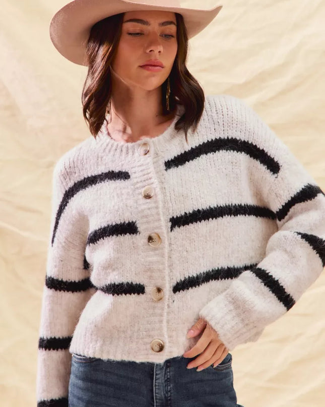 SO ME Stripe Soft Touch Button Cozy Sweater Cardigan - Sleekdenim.com