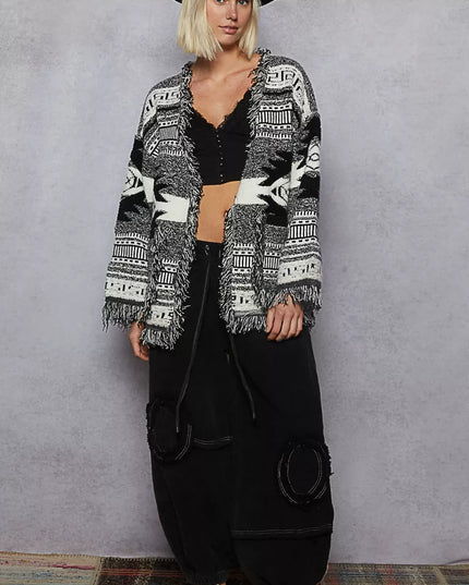 POL Open Front Geometric Print Cardigan with Fringe Detail - Sleekdenim.com