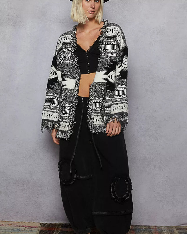 POL Open Front Geometric Print Cardigan with Fringe Detail - Sleekdenim.com