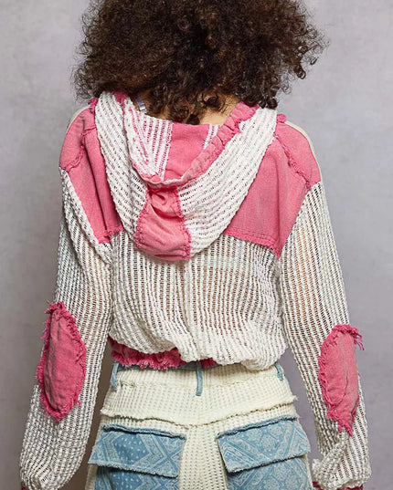 POL Texture Woven Button Down Hooded Shirt with Drawstring Hem - Sleekdenim.com