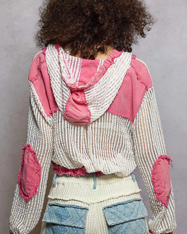 POL Texture Woven Button Down Hooded Shirt with Drawstring Hem - Sleekdenim.com