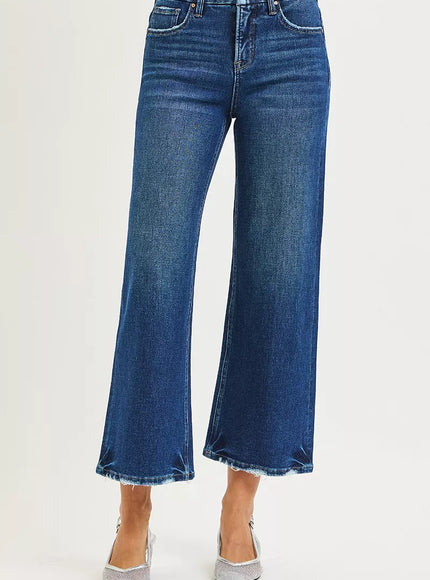 RISEN Tummy Control 4 Way Stretch High Rise Crop Wide Leg Jeans PWC21483 - Sleekdenim.com