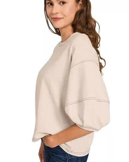 Zenana Balloon Sleeve Top with Contrast Stitching - Sleekdenim.com
