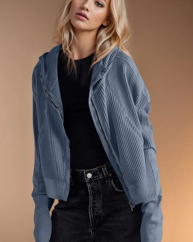 Double Take Waffle-Knit Zip Up Long Sleeve Hooded Jacket - Sleekdenim.com