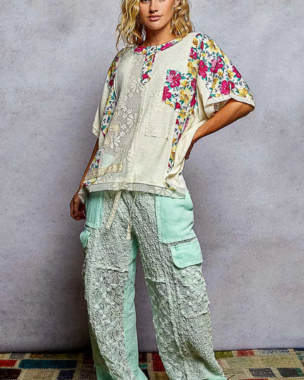 POL Lace Round Neck Short Sleeve Floral Pattern Top with Patch Detail - Sleekdenim.com