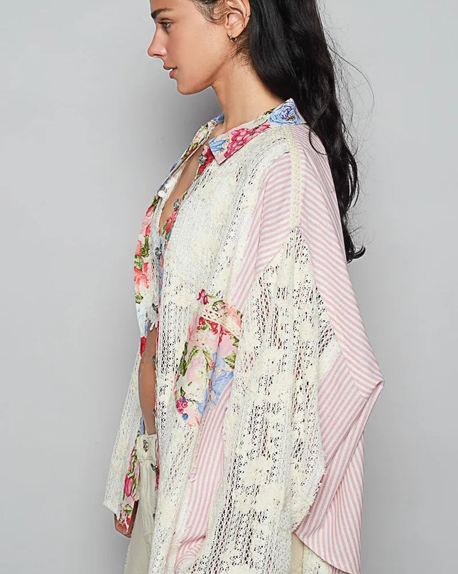 POL Lace Long Sleeve Shirt with Floral and Striped Pattern - Sleekdenim.com