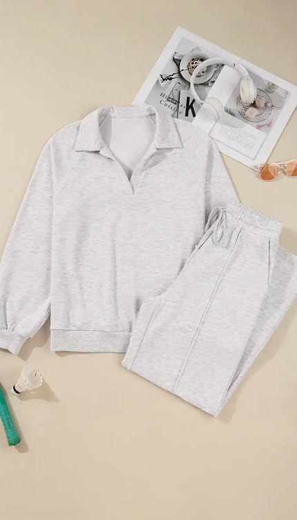 Polo Collar V Neck Pullover and Drawstring Sweatpants Set - Sleekdenim.com