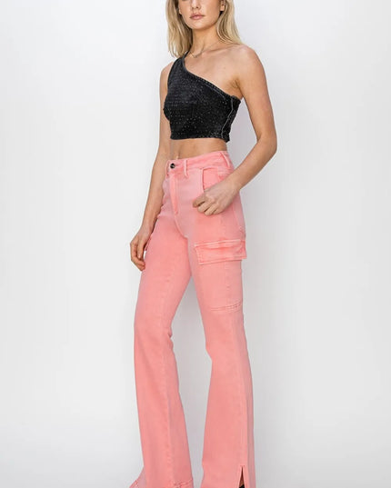 RISEN Full Size High Rise Side Slit Cargo Bootcut Jeans - Sleekdenim.com