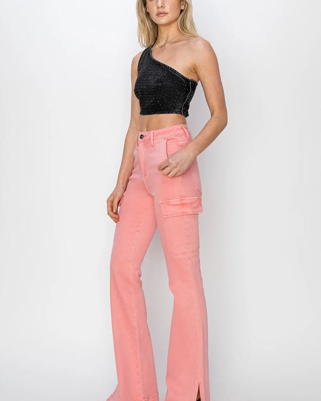 RISEN Full Size High Rise Side Slit Cargo Bootcut Jeans - Sleekdenim.com