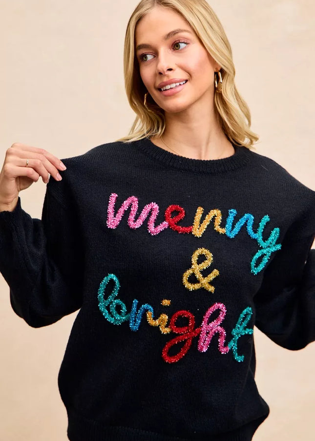 BiBi Tinsel Lettering Christmas Sweater - Sleekdenim.com