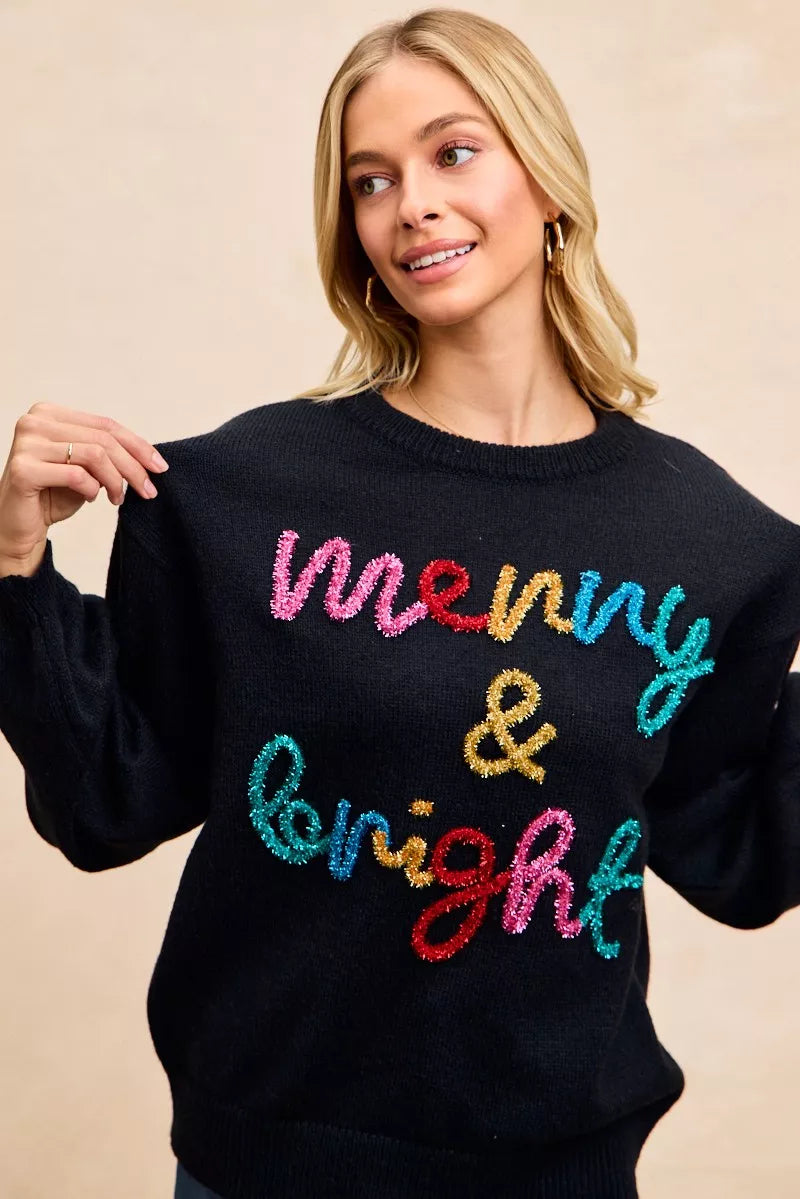 BiBi Tinsel Lettering Christmas Sweater - Sleekdenim.com