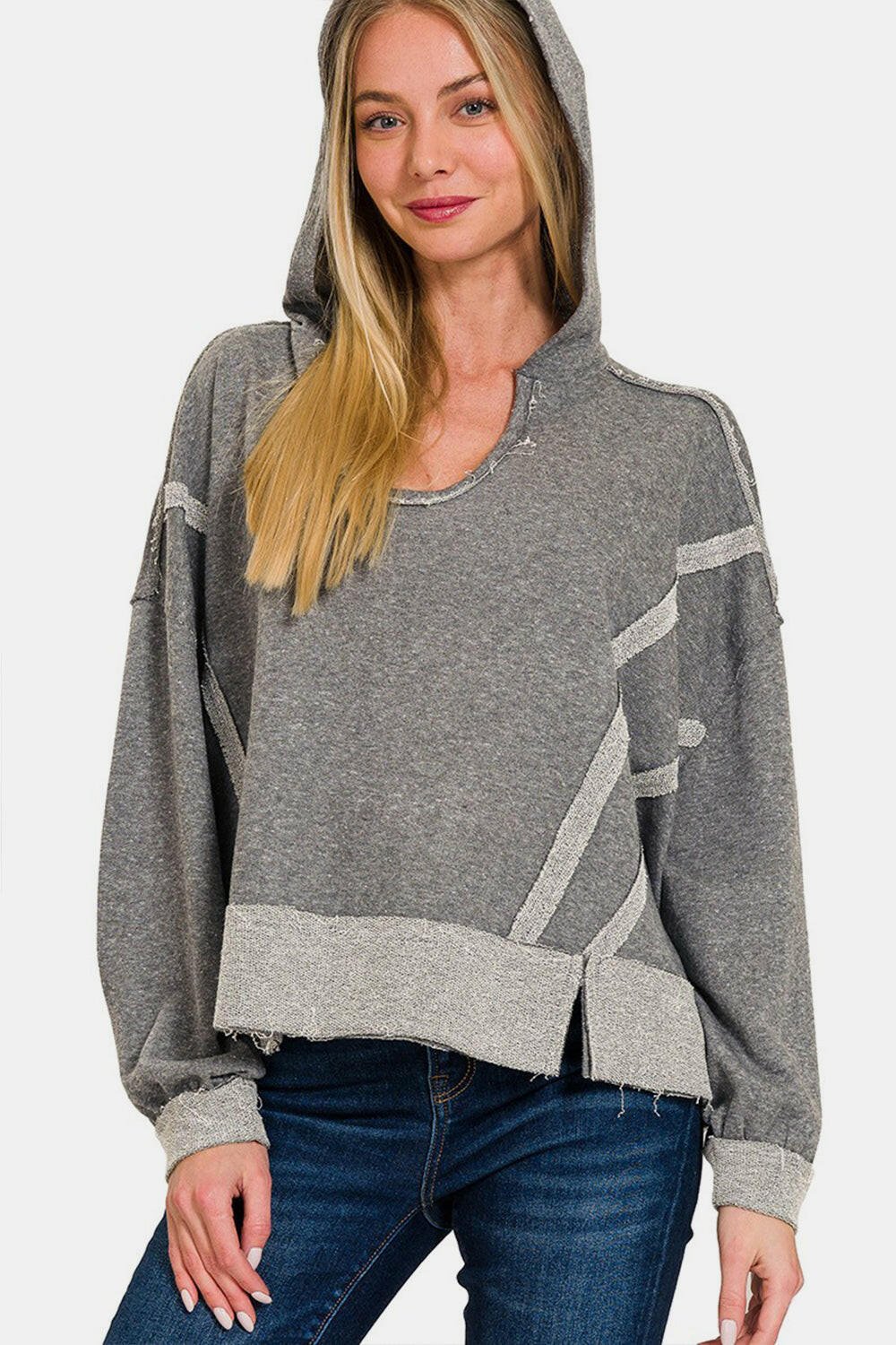 Zenana Contrast Trim Slit Hoodie | Sleekdenim.com