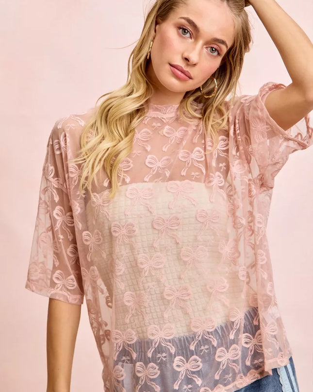 BiBi Bow Pattern Short Sleeves Boxy Mesh Top - Sleekdenim.com