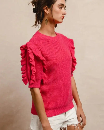 BiBi Ruffle Sleeve Ribbed Sweater - Sleekdenim.com