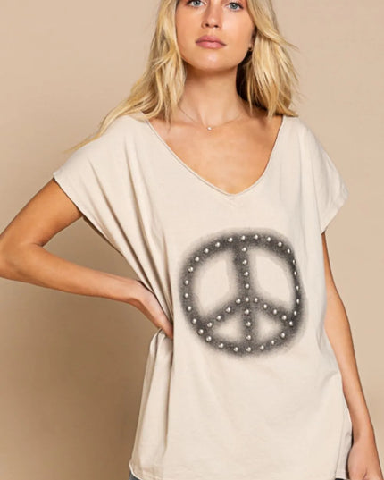 POL Peace Sign Studded V-Neck T-Shirt - Sleekdenim.com