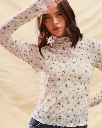 SO ME Floral Print Textured Long Sleeve Knit Top - Sleekdenim.com