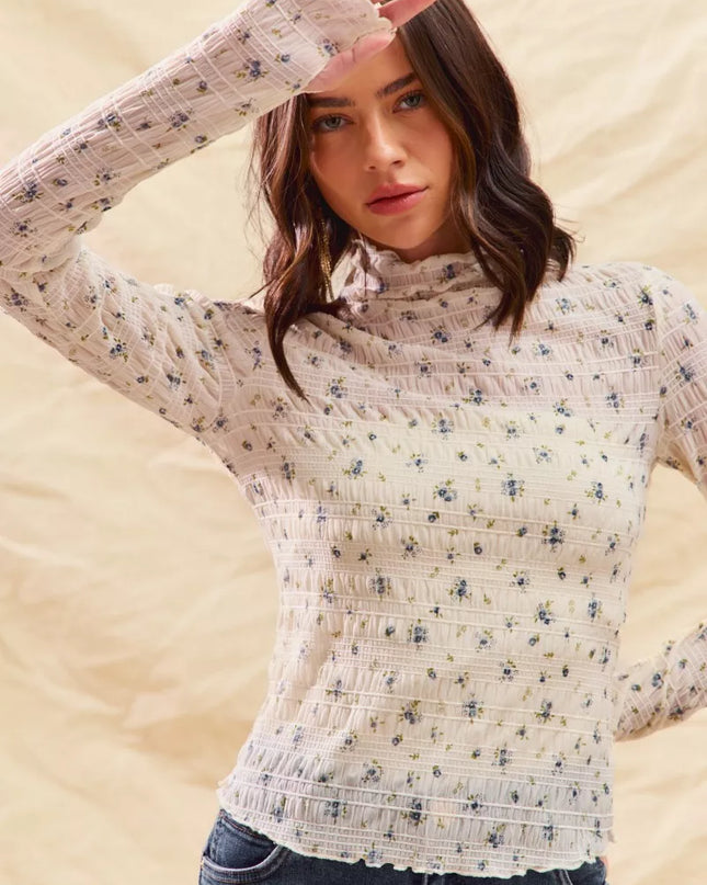 SO ME Floral Print Textured Long Sleeve Knit Top - Sleekdenim.com