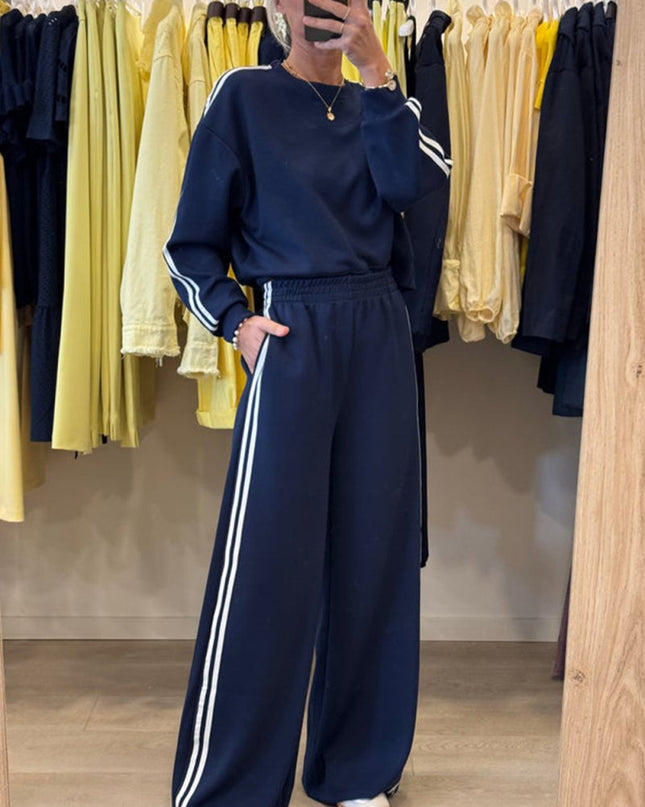 Fiery Red Varsity Striped Detail Cropped Pullover Wide Leg Pants 2pcs Outfit - Sleekdenim.com