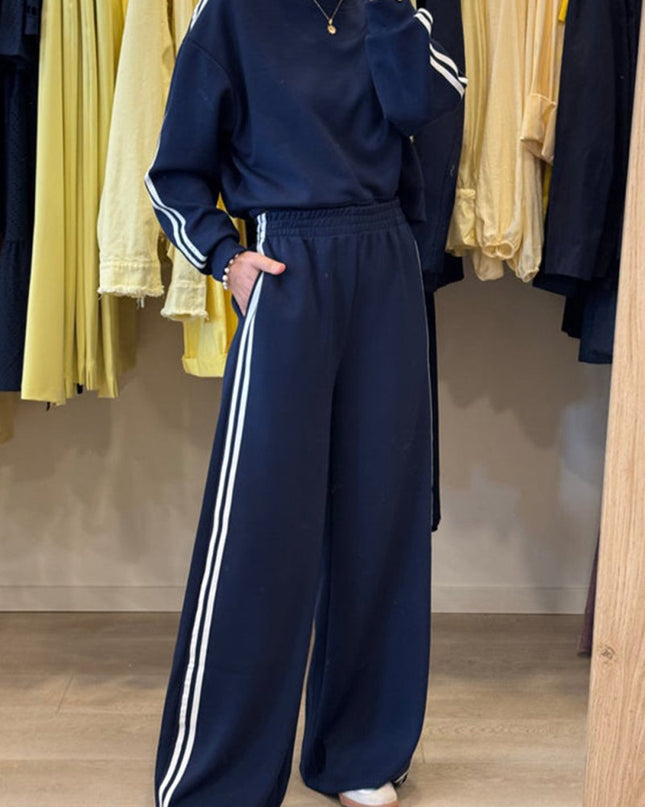 Fiery Red Varsity Striped Detail Cropped Pullover Wide Leg Pants 2pcs Outfit - Sleekdenim.com