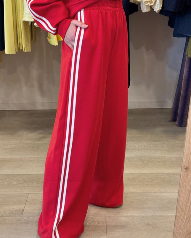 Fiery Red Varsity Striped Detail Cropped Pullover Wide Leg Pants 2pcs Outfit - Sleekdenim.com