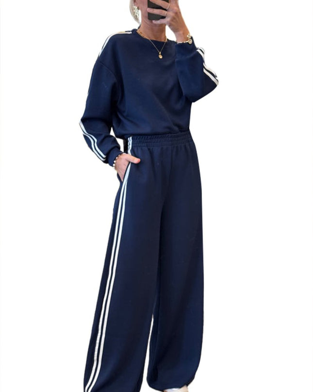 Fiery Red Varsity Striped Detail Cropped Pullover Wide Leg Pants 2pcs Outfit - Sleekdenim.com