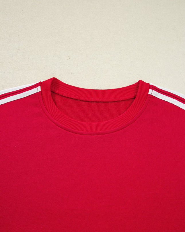 Fiery Red Varsity Striped Detail Cropped Pullover Wide Leg Pants 2pcs Outfit - Sleekdenim.com