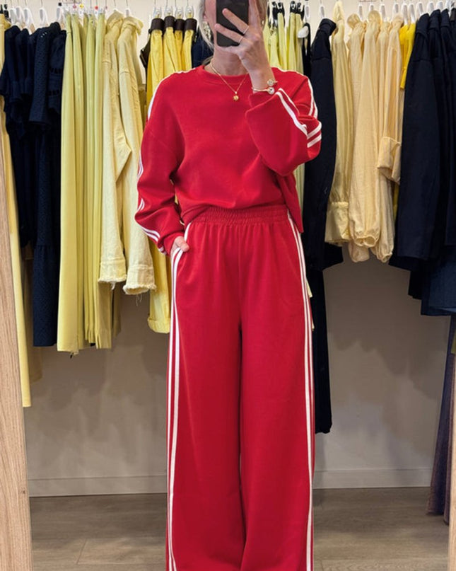 Fiery Red Varsity Striped Detail Cropped Pullover Wide Leg Pants 2pcs Outfit - Sleekdenim.com