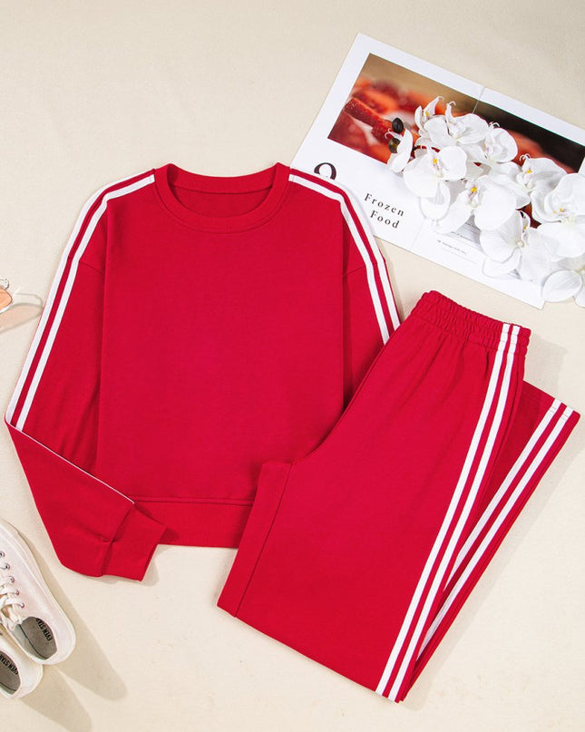 Fiery Red Varsity Striped Detail Cropped Pullover Wide Leg Pants 2pcs Outfit - Sleekdenim.com