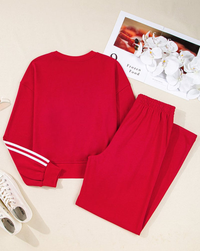 Fiery Red Varsity Striped Detail Cropped Pullover Wide Leg Pants 2pcs Outfit - Sleekdenim.com