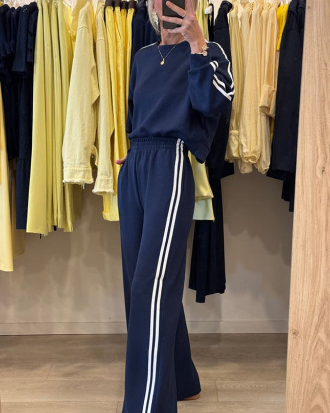 Fiery Red Varsity Striped Detail Cropped Pullover Wide Leg Pants 2pcs Outfit - Sleekdenim.com