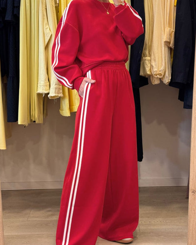 Fiery Red Varsity Striped Detail Cropped Pullover Wide Leg Pants 2pcs Outfit - Sleekdenim.com