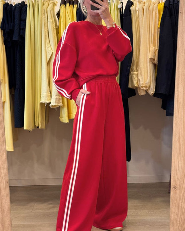 Fiery Red Varsity Striped Detail Cropped Pullover Wide Leg Pants 2pcs Outfit - Sleekdenim.com