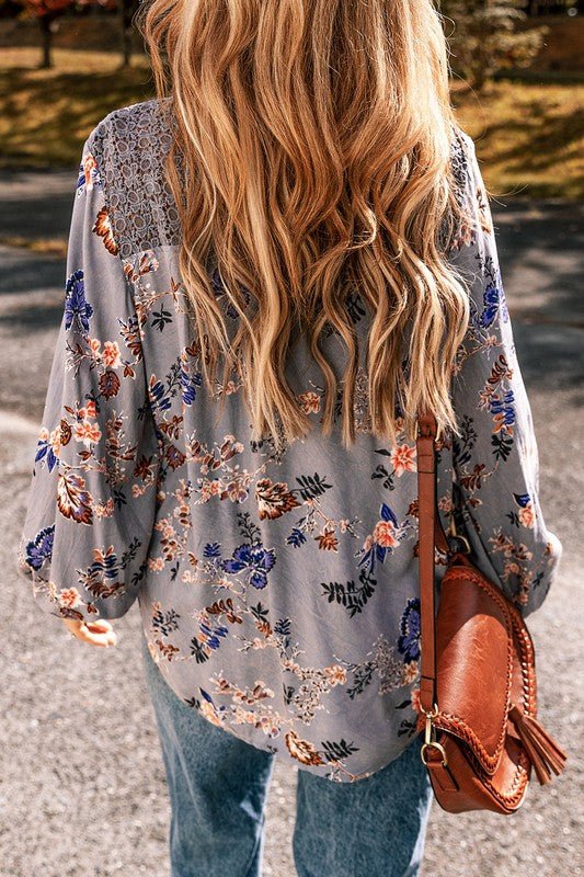Floral Lace Patchwork Knot Front V Neck Blouse - Sleekdenim.com
