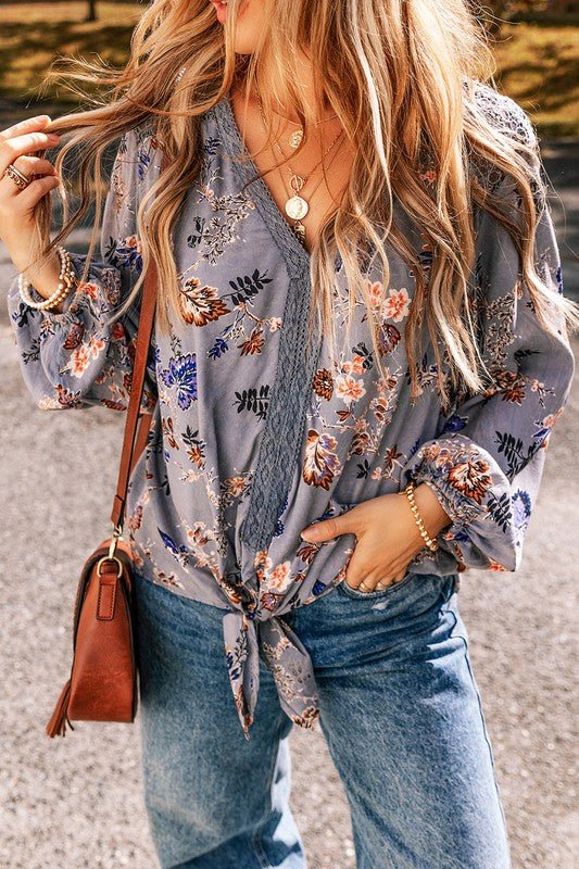 Floral Lace Patchwork Knot Front V Neck Blouse - Sleekdenim.com