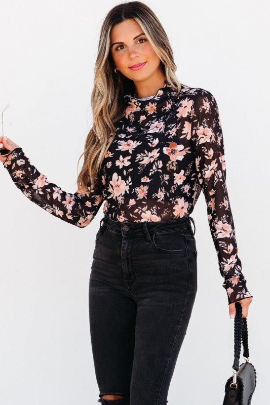 Floral Mesh Mock Neck Long Sleeve Top - Sleekdenim.com