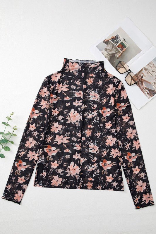 Floral Mesh Mock Neck Long Sleeve Top - Sleekdenim.com