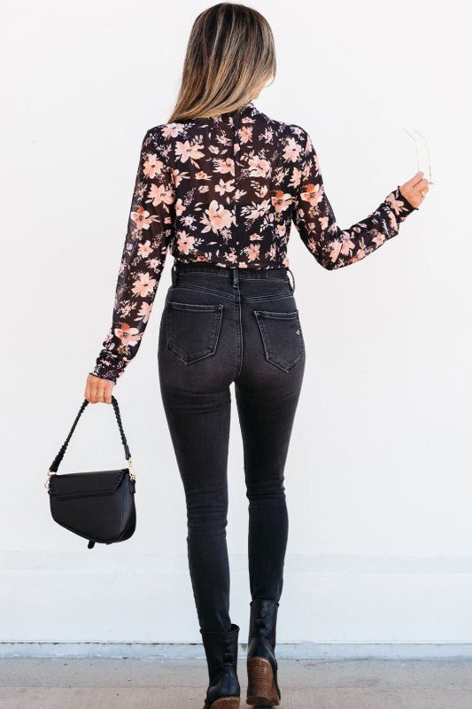 Floral Mesh Mock Neck Long Sleeve Top - Sleekdenim.com