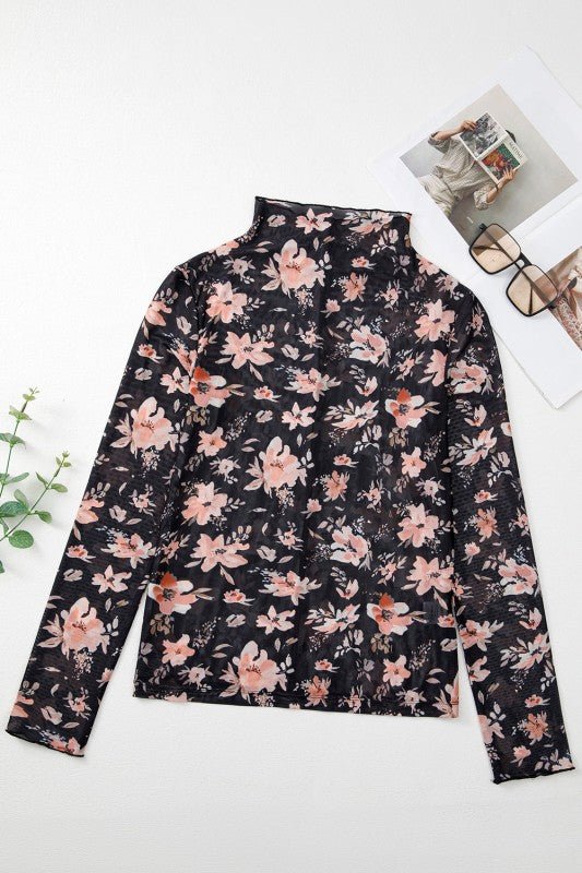 Floral Mesh Mock Neck Long Sleeve Top - Sleekdenim.com