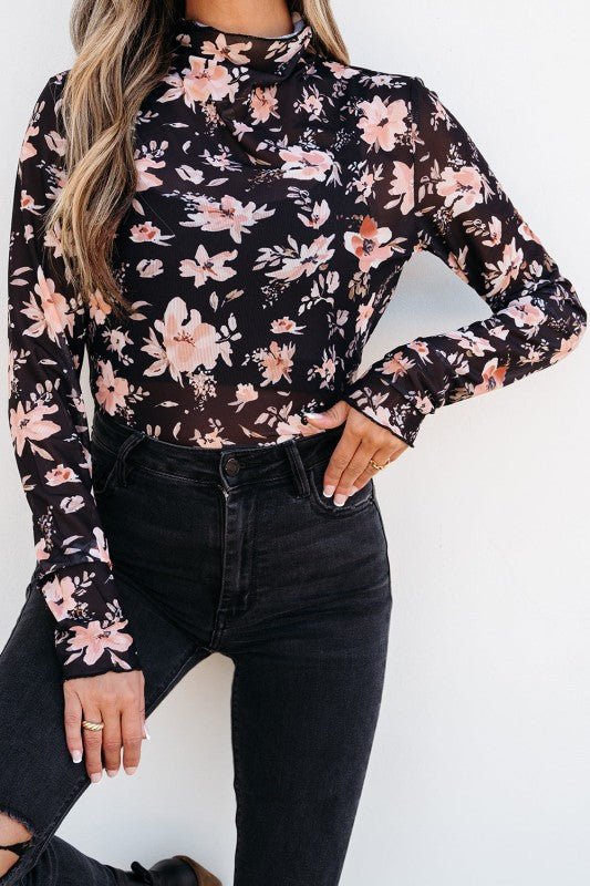 Floral Mesh Mock Neck Long Sleeve Top - Sleekdenim.com