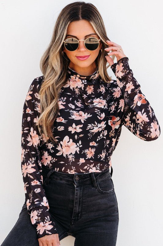 Floral Mesh Mock Neck Long Sleeve Top - Sleekdenim.com
