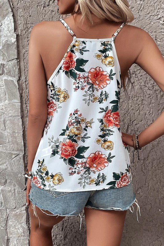 Floral Print Lace V Neck Tank Top - Sleekdenim.com